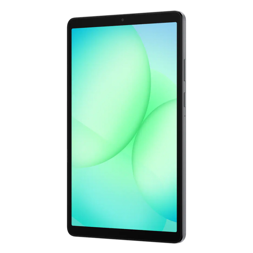 Un tablet scuro con bolle verdi e blu sullo schermo.
