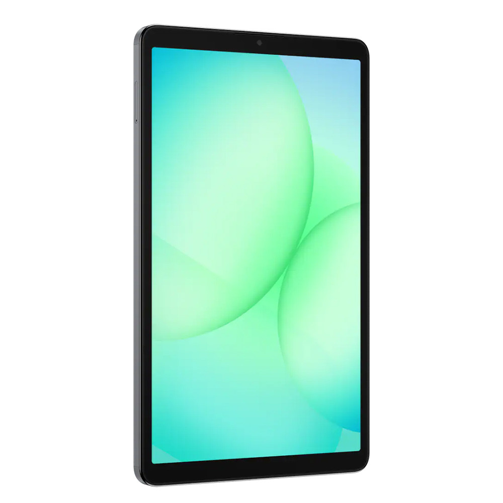 Un tablet nero con uno sfondo verde chiaro e blu.