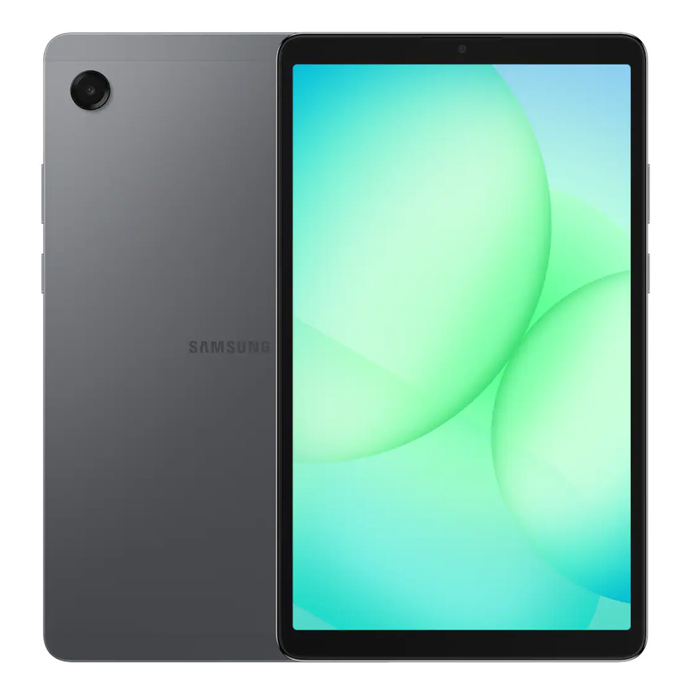 Tablet Samsung grigio con fotocamera posteriore e schermo anteriore.
