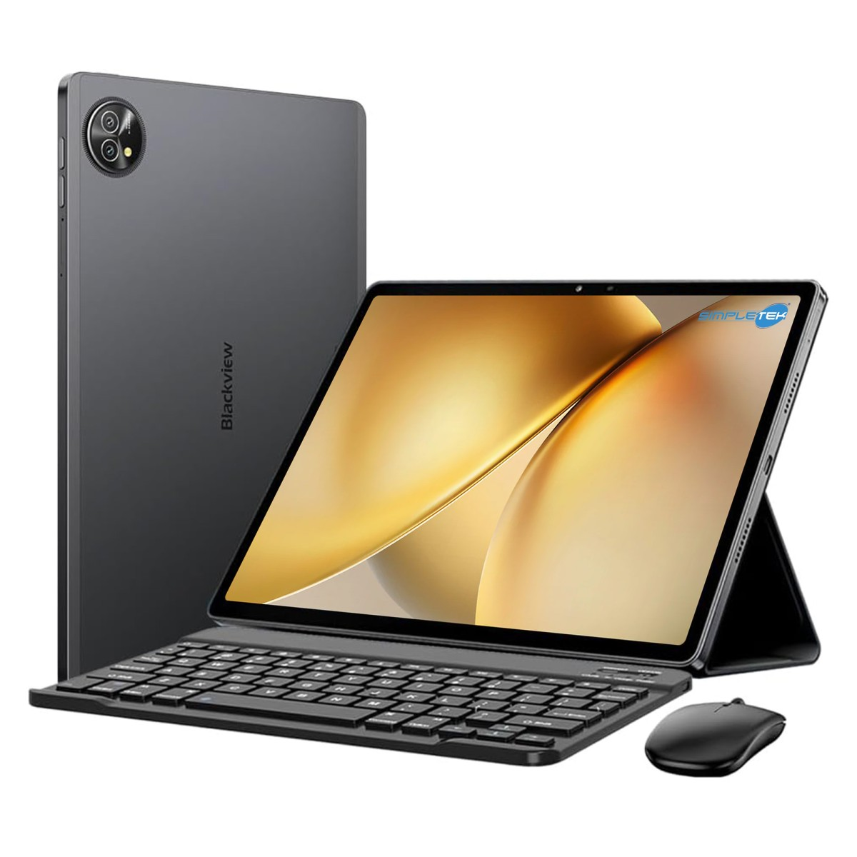 Un tablet grigio con tastiera e mouse, su sfondo bianco.