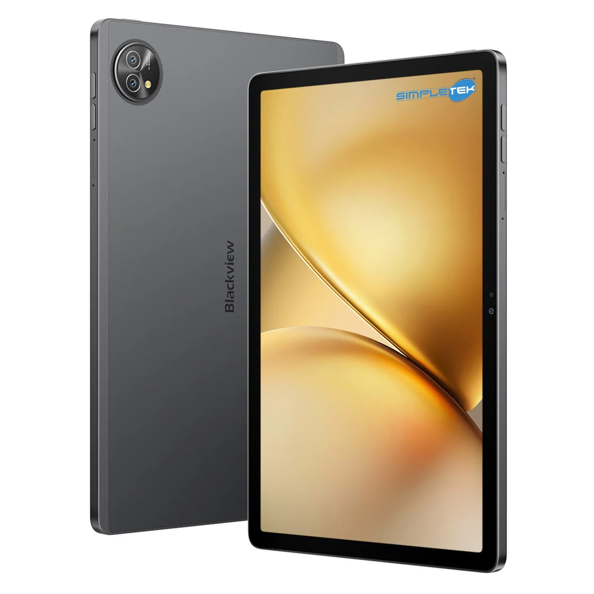 Un tablet Blackview grigio viene mostrato con il retro e lo schermo visibili, su sfondo bianco.