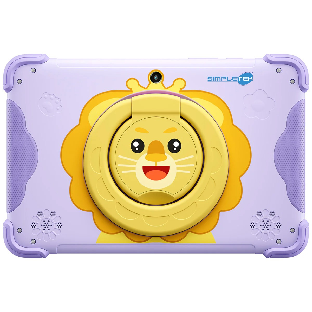 Un tablet viola con faccia di leone cartone animato e anello portaoggetti giallo sul retro.
