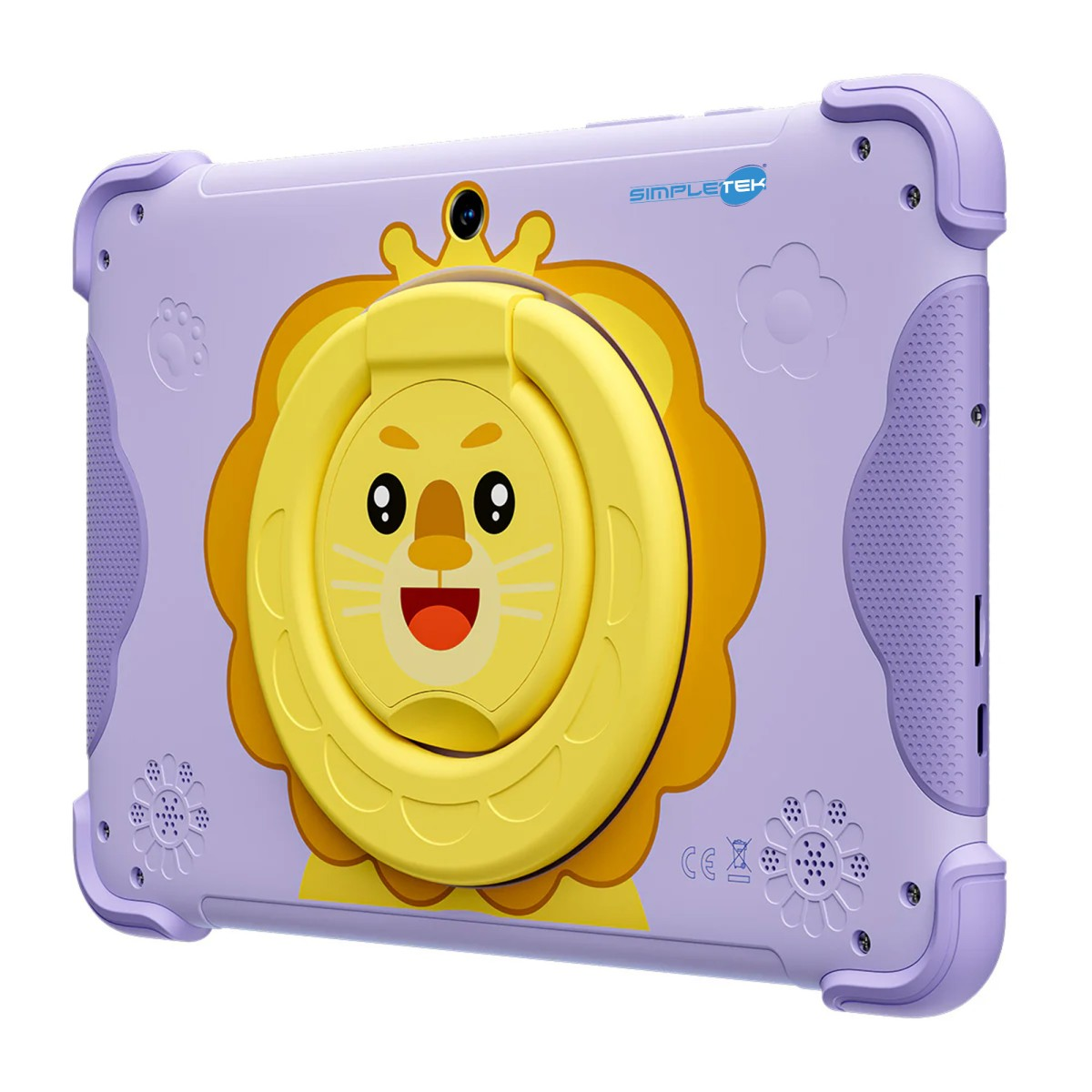 Tablet viola con faccia di leone gialla e anello di supporto. Logo Simpletek visibile.