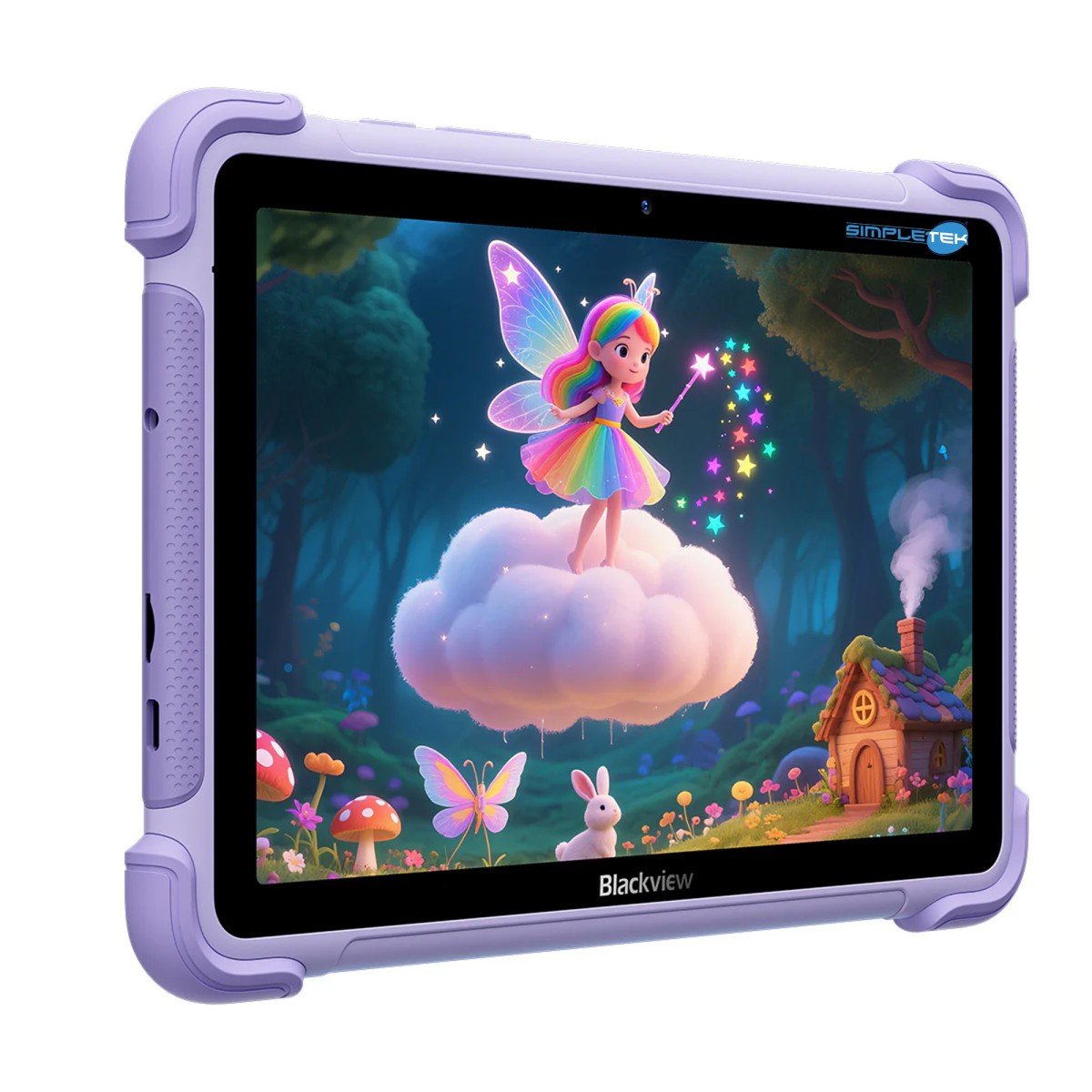 Un tablet viola mostra una fata su una nuvola in una foresta magica con una casa.