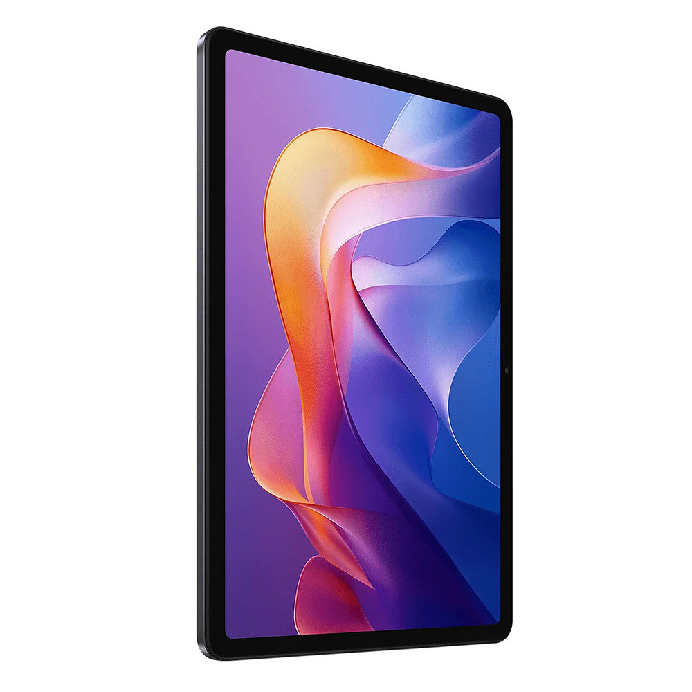 Un tablet nero con uno sfondo astratto e colorato sullo schermo.
