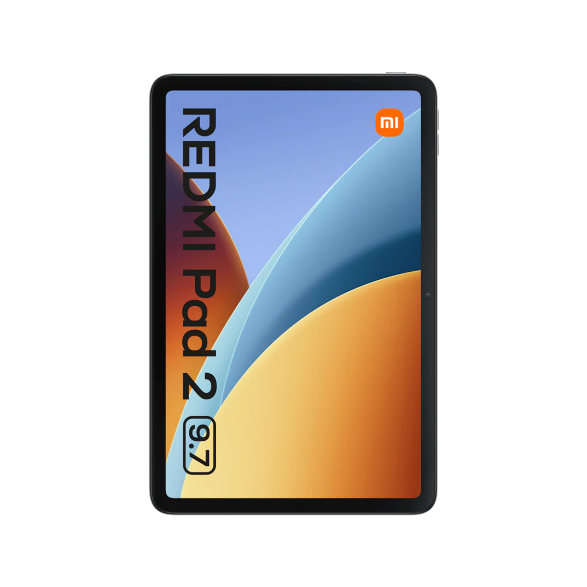 Una tableta negra muestra 'REDMI Pad 2 9.7' y el logo de Mi en pantalla.