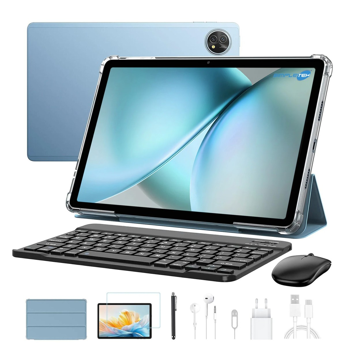 Un tablet blu con tastiera, mouse e accessori.