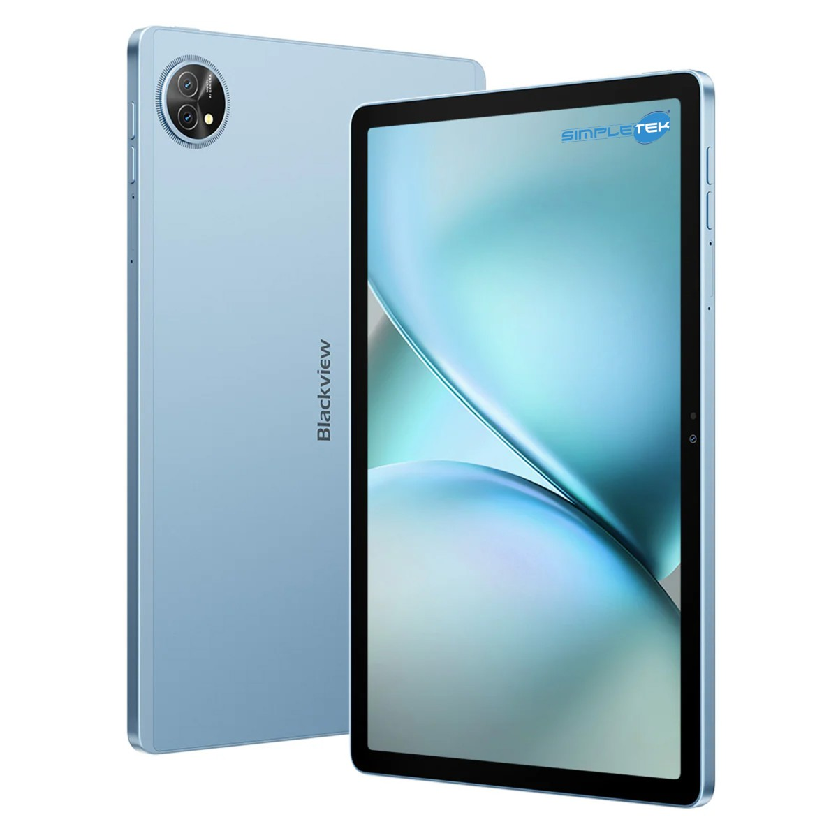 Un tablet blu chiaro con doppia fotocamera posteriore, mostrato su sfondo bianco.
