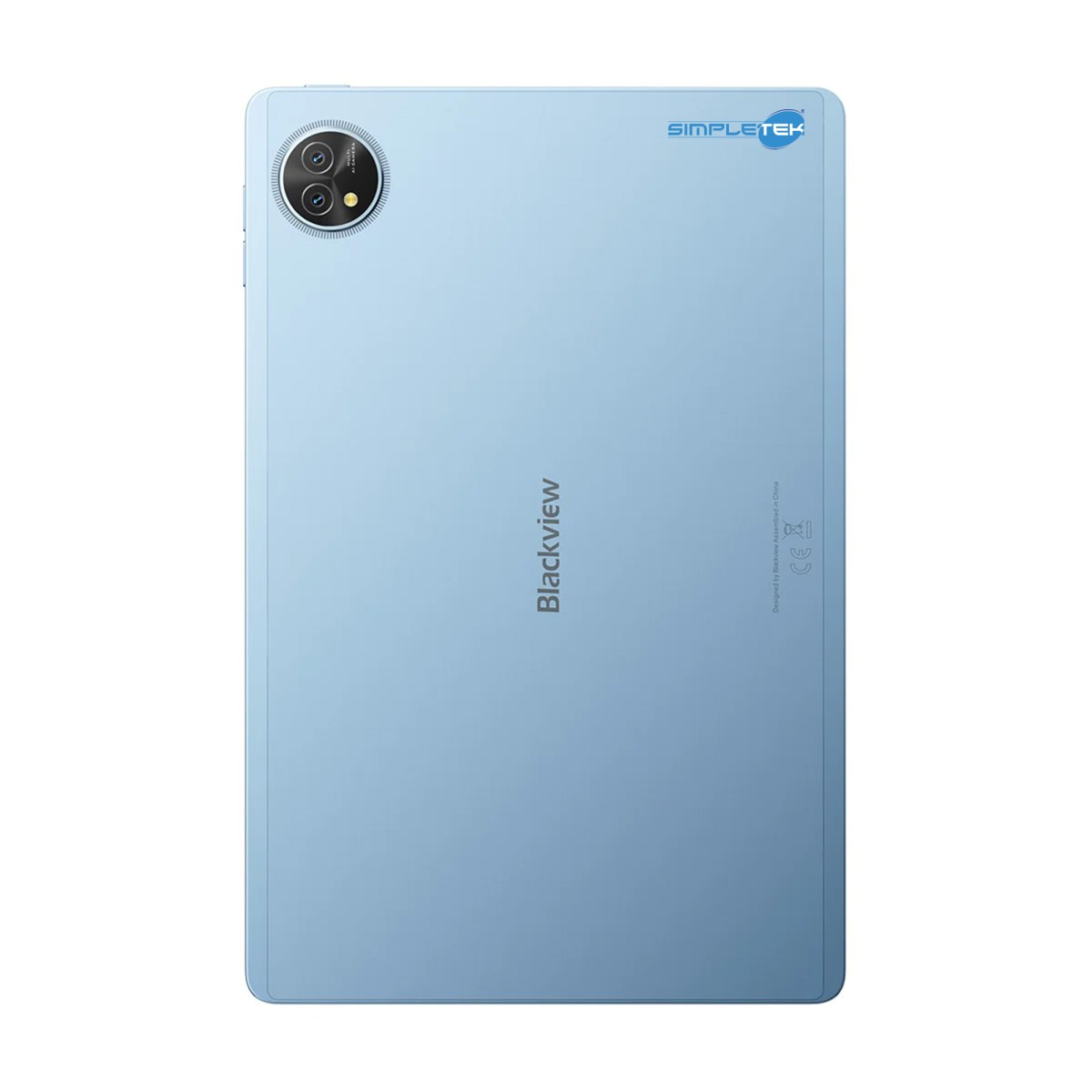 Retro di un tablet azzurro con logo nero e fotocamera.