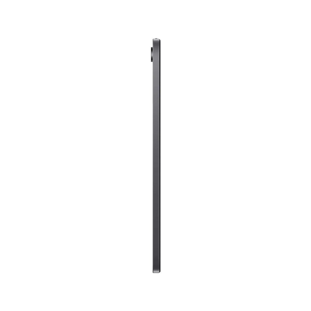 Tablet grigio di profilo su sfondo nero.