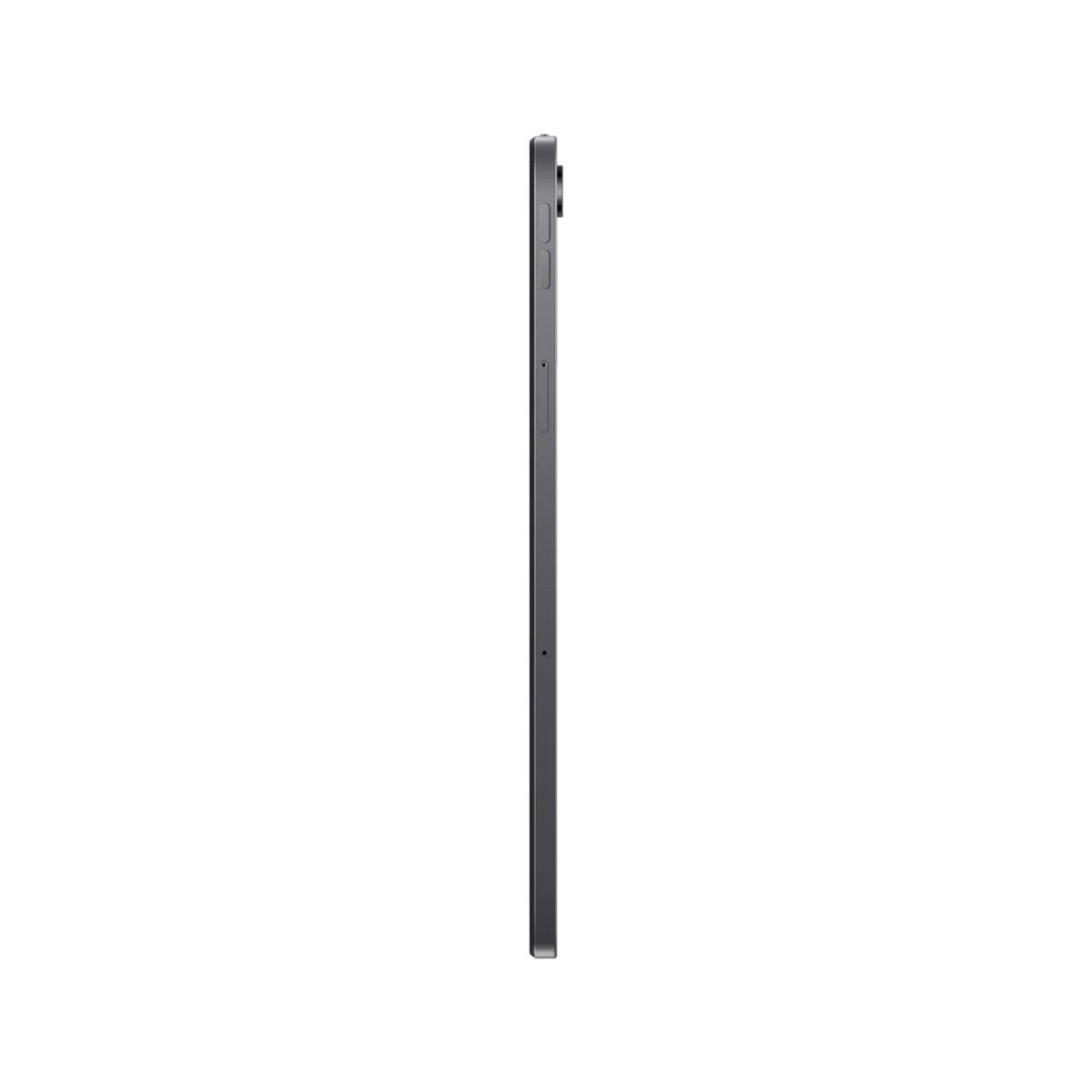 Tablet grigio di profilo su sfondo nero.