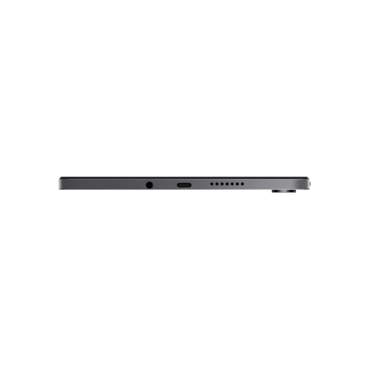 Tablet grigio con porte e contatti di ricarica su sfondo nero.