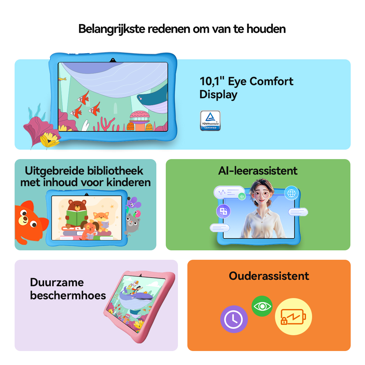 Een tablet met kinderapps, AI leerassistent en ouderlijk toezicht.