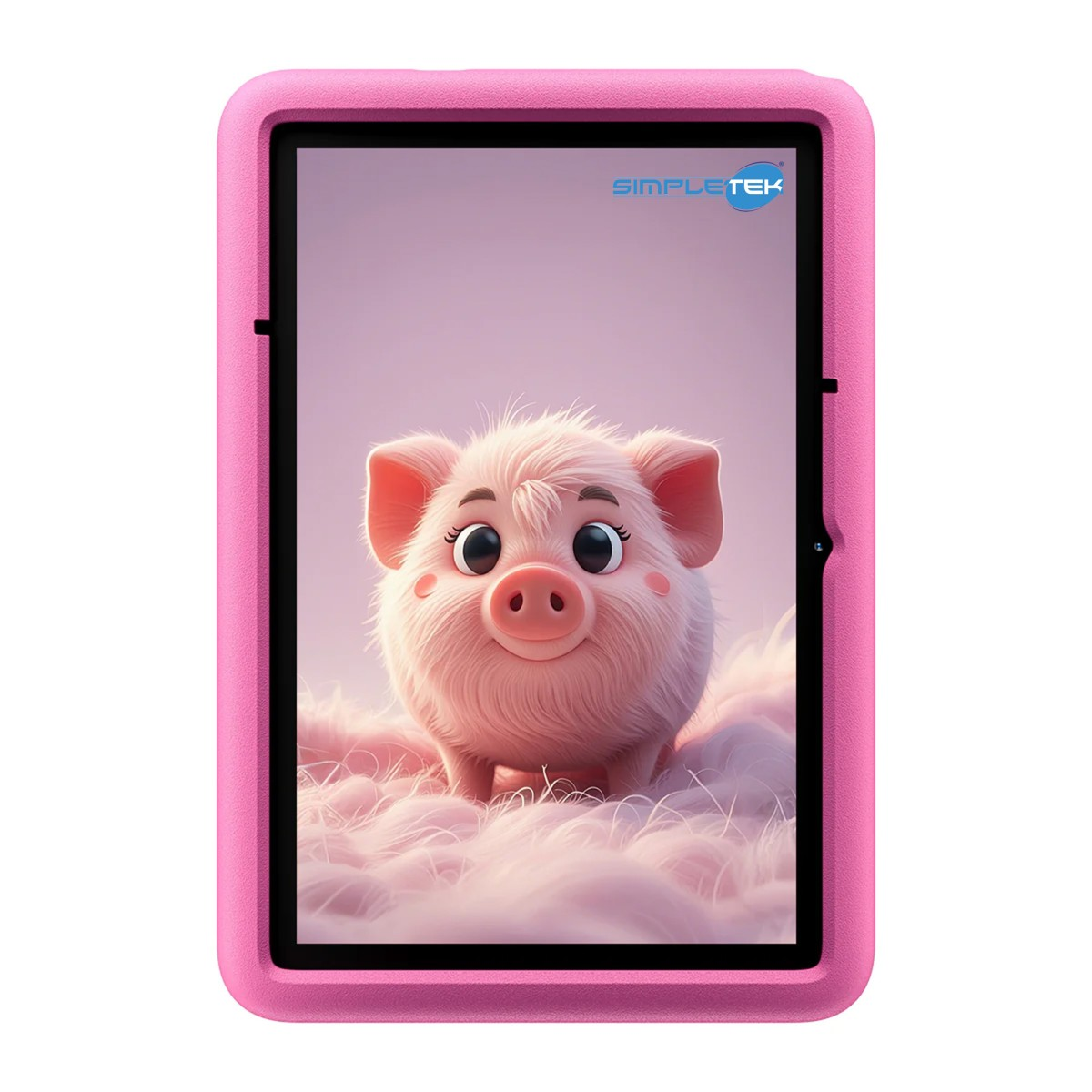 Un maiale rosa siede su nuvole rosa e soffici. Un tablet con questa immagine è in una custodia rosa.