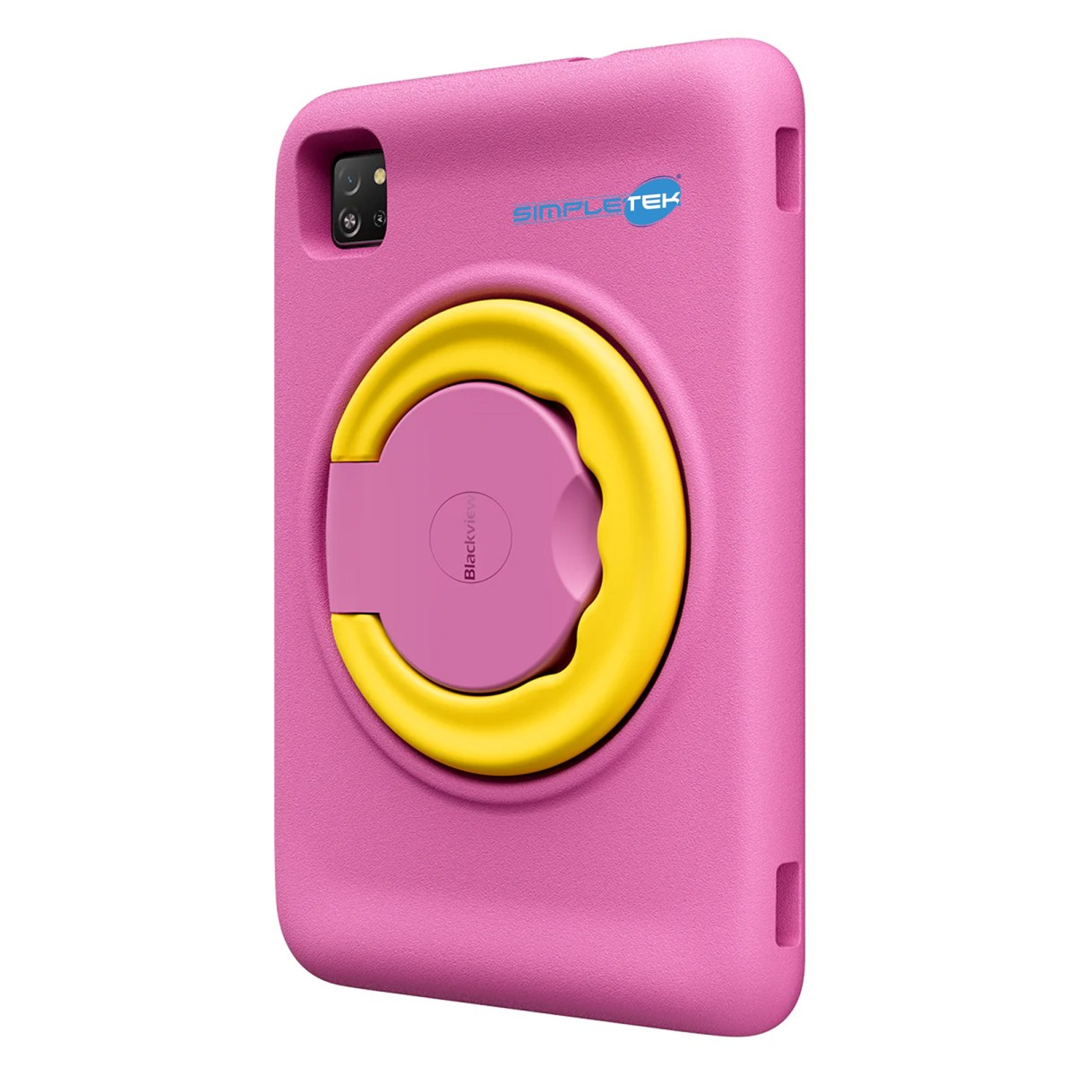 Custodia rosa per tablet con manico giallo e viola. Logo SimpleTek visibile.