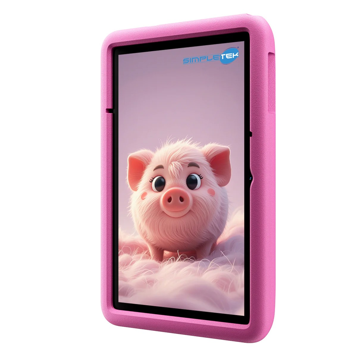 Una custodia rosa per tablet mostra un maiale dei cartoni animati sullo schermo.