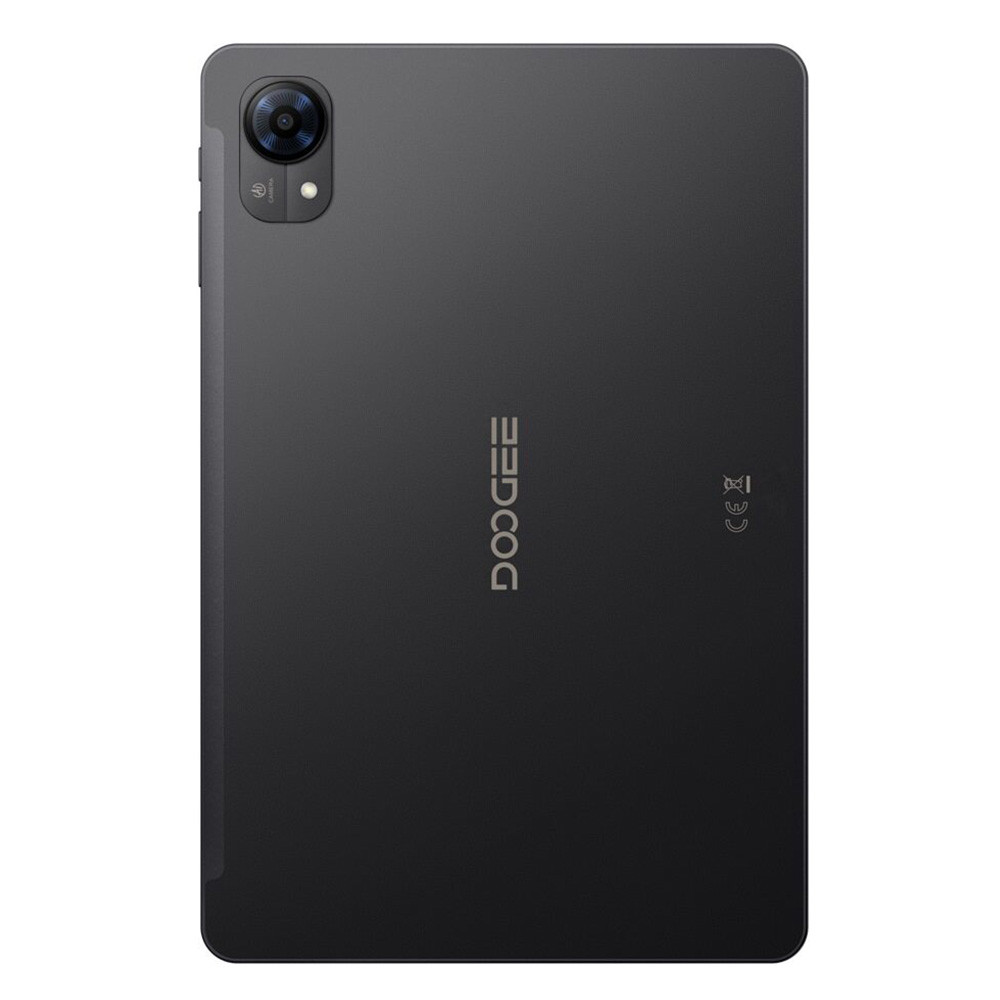 Retro di un tablet nero con due fotocamere e logo.