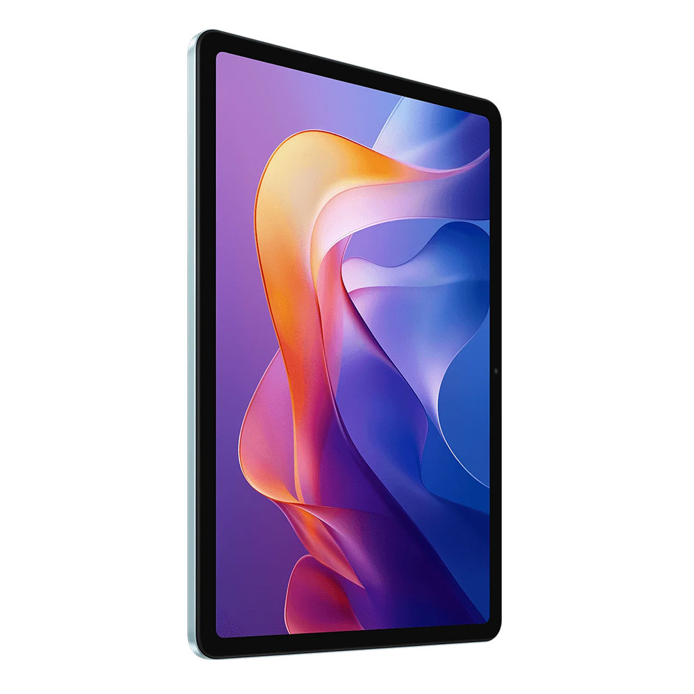 Un tablet azzurro che visualizza uno sfondo astratto colorato.