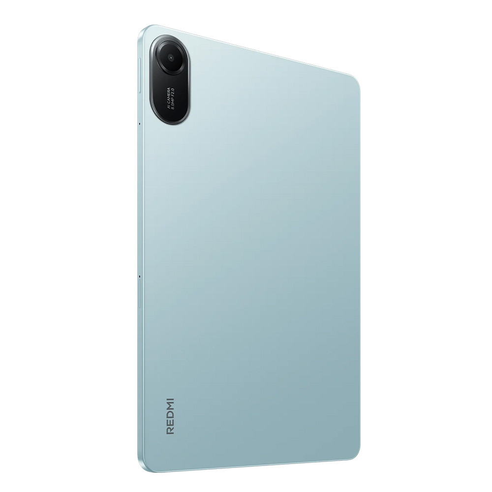 Un tablet azzurro con modulo fotocamera in alto a sinistra e logo Redmi in basso.