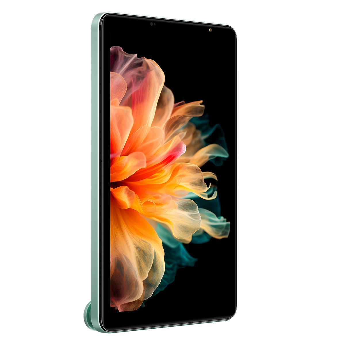 Un tablet verde chiaro con uno sfondo colorato, simile a un fiore.