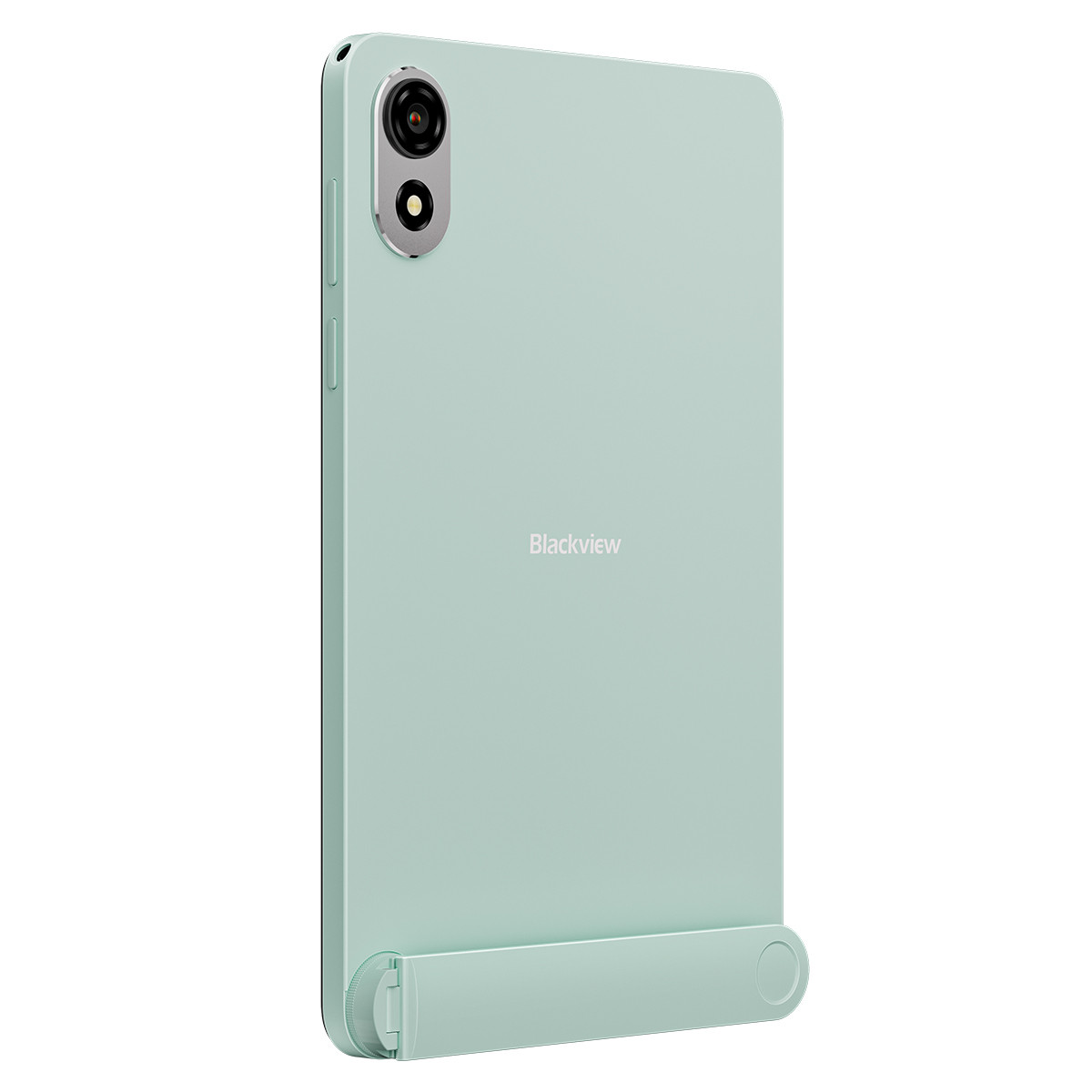 Un tablet verde chiaro con due fotocamere posteriori e il logo Blackview.