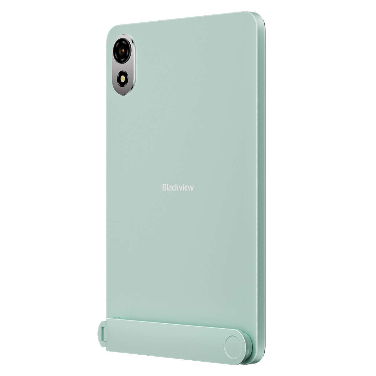 Un tablet verde chiaro con doppia fotocamera e supporto pieghevole.