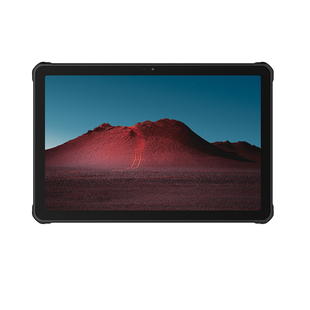 Un tablet nero mostra un paesaggio con colline rosse e un cielo stellato.