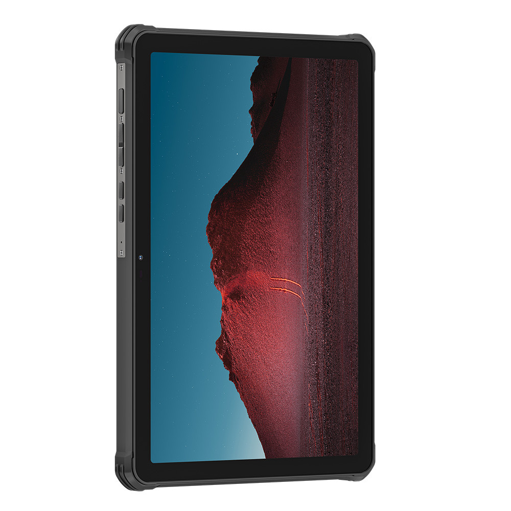 Un tablet nero con custodia robusta, che mostra montagne rosse su cielo blu.