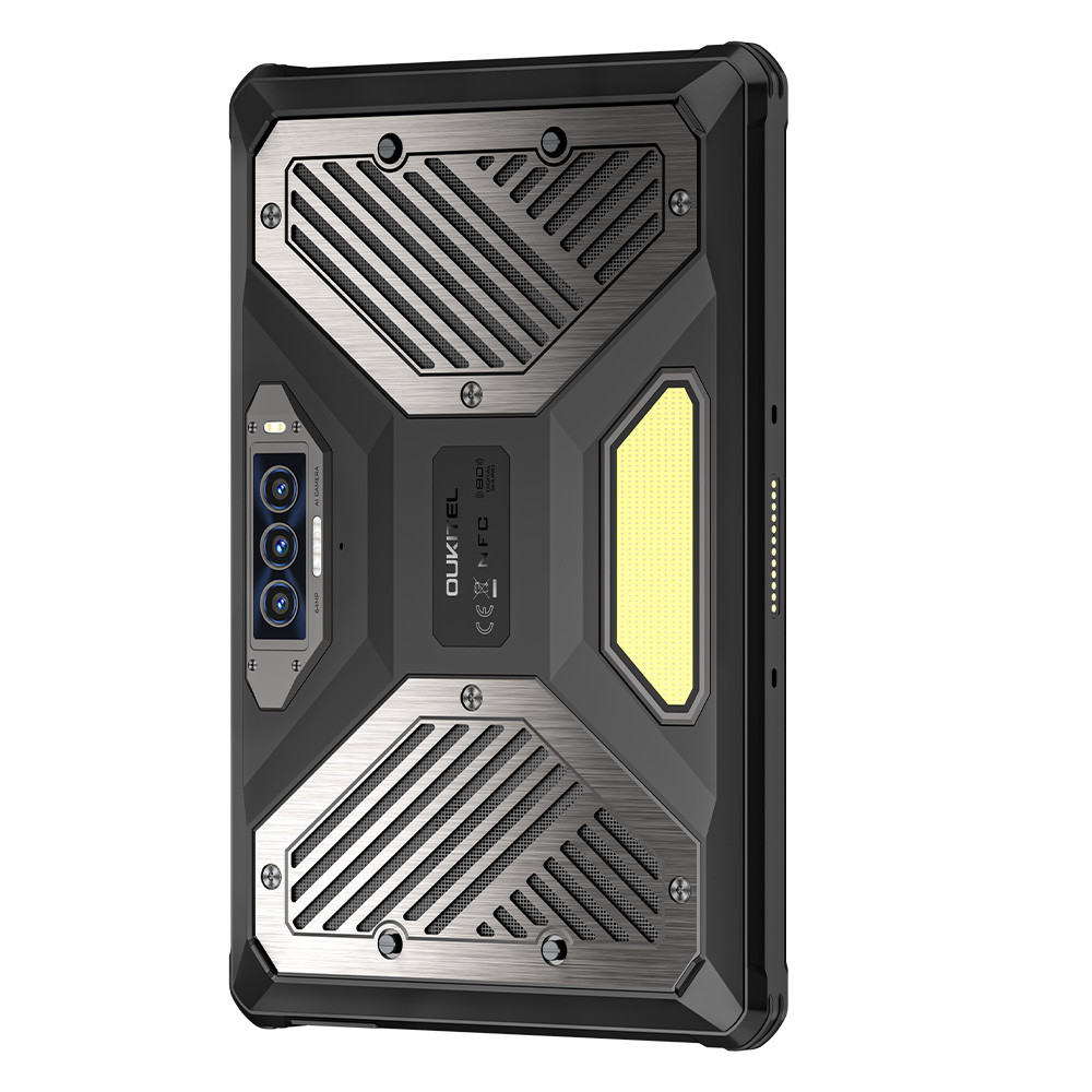 Retro robusto tablet nero con accenti argento, fotocamera, luce, testo.