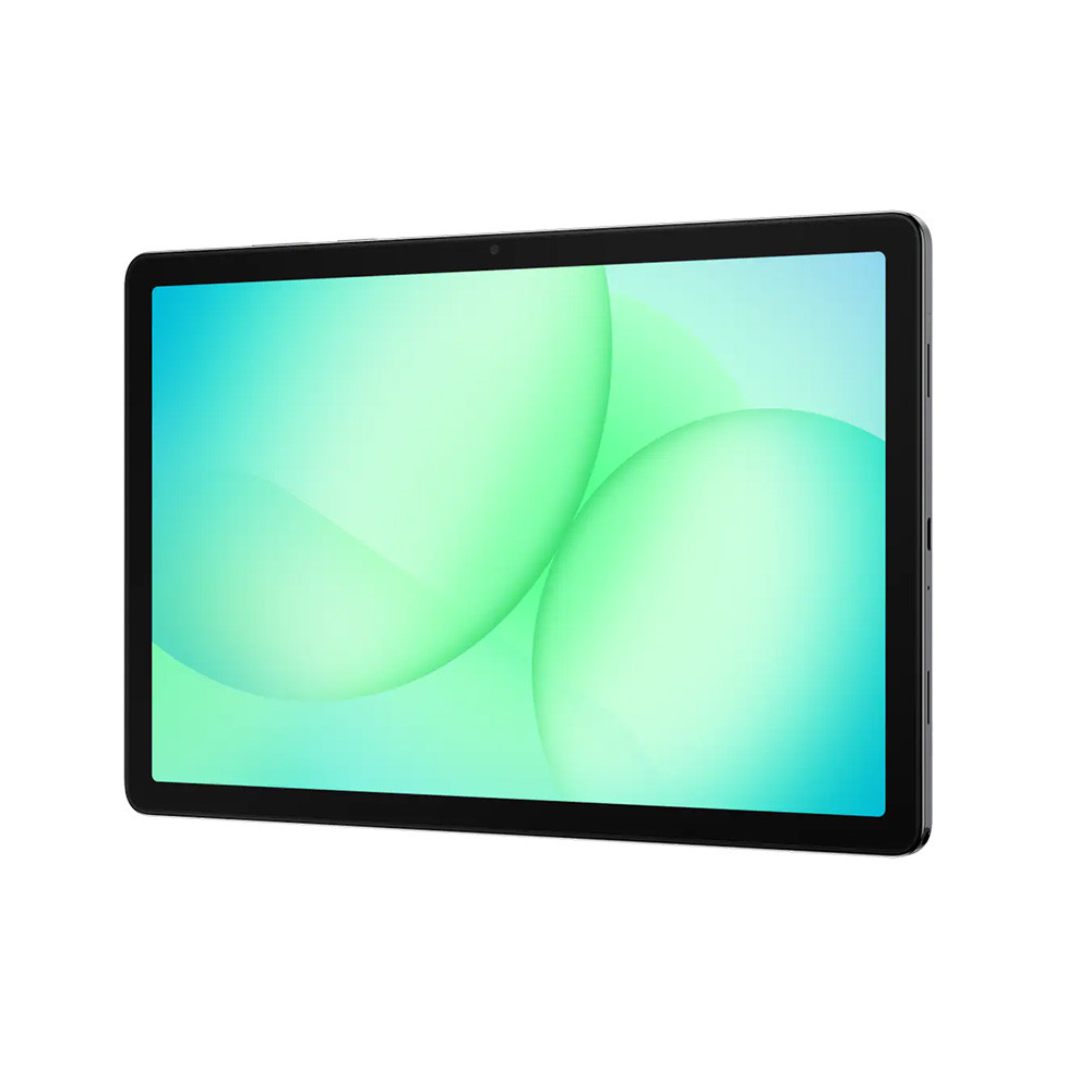 Un tablet nero con un'immagine di sfondo verde e blu di bolle.