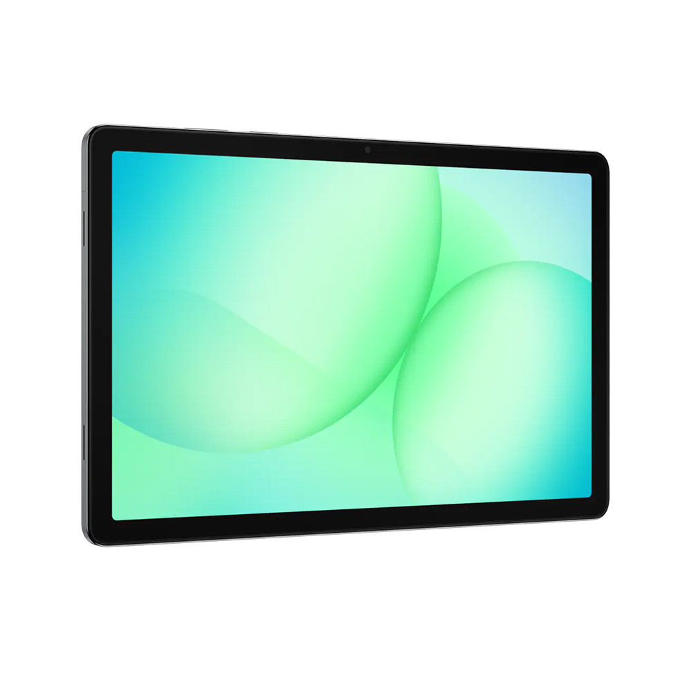 Un tablet nero con bolle verdi e blu sullo schermo.