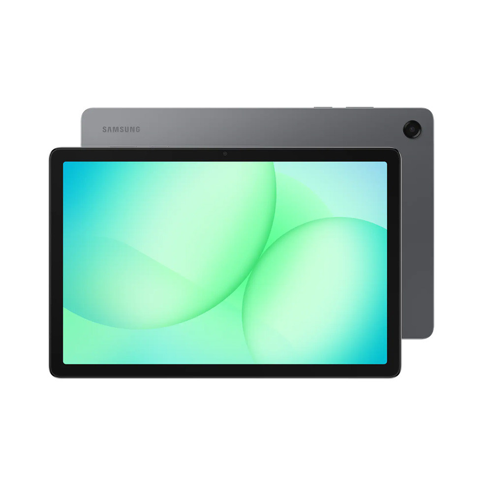 Un tablet Samsung grigio con bolle verdi sullo schermo.