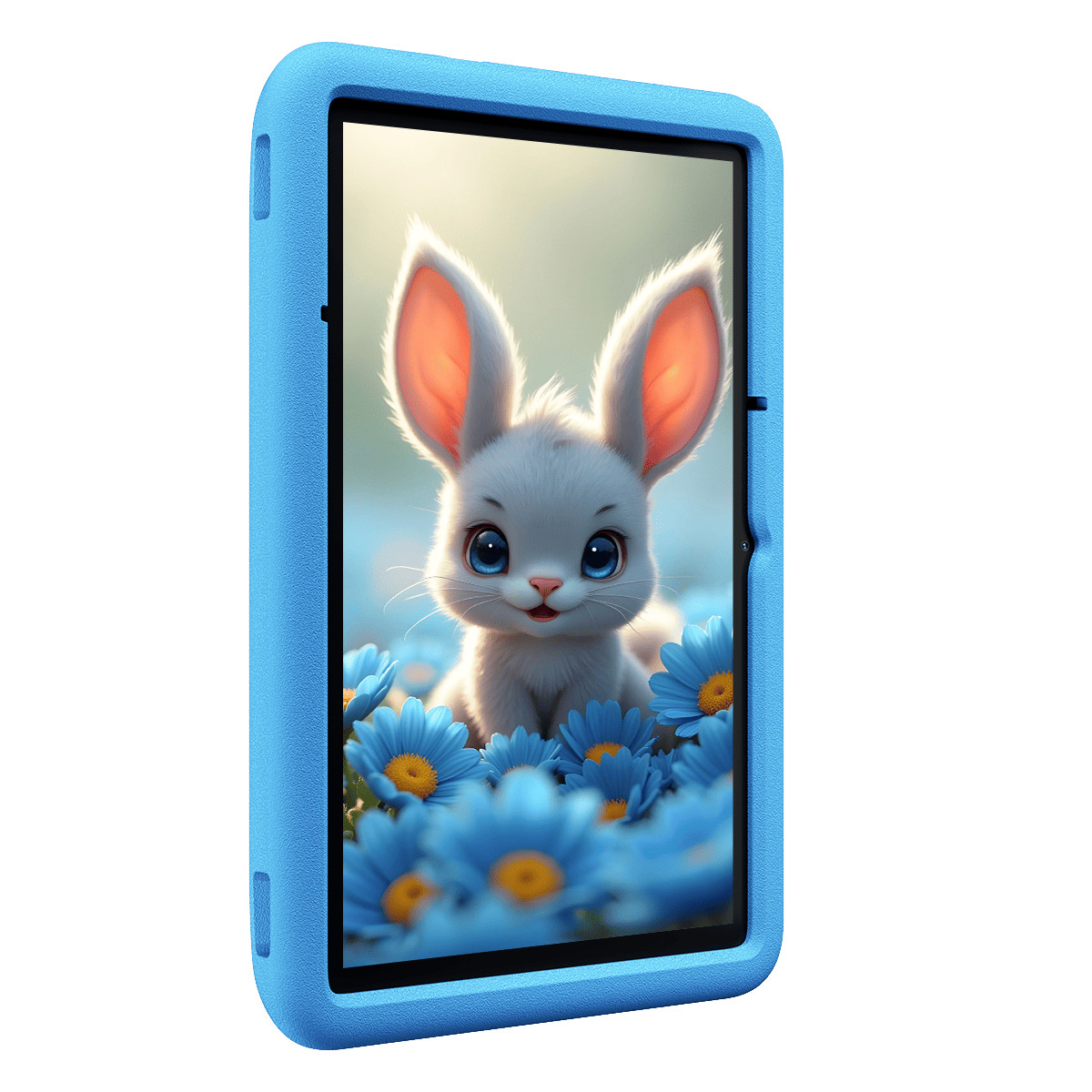 Custodia blu per tablet mostra un coniglietto tra fiori blu.