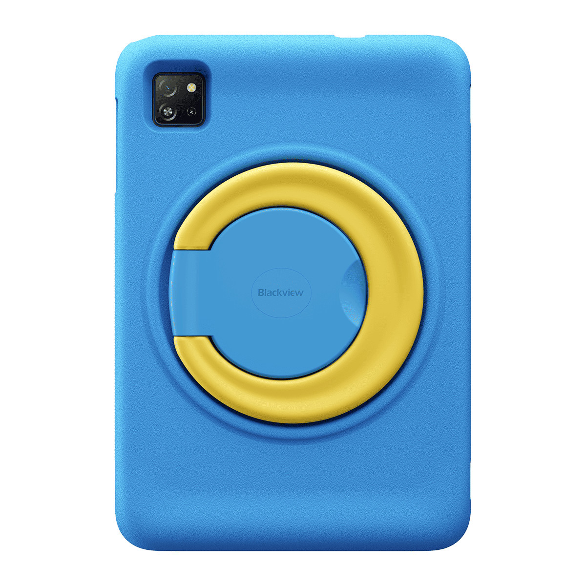 Custodia blu per tablet con manico giallo. Fotocamere nere sul retro.