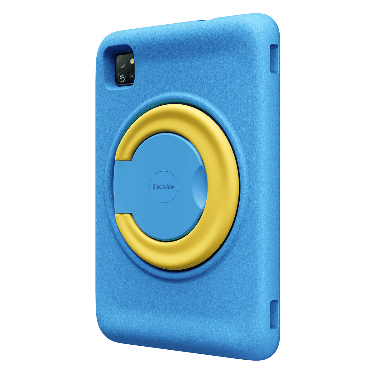 Un tablet blu con un anello giallo e un cerchio blu al centro.