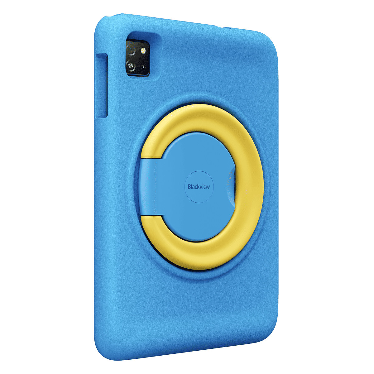 Una custodia blu per tablet con manico giallo e logo Blackview.