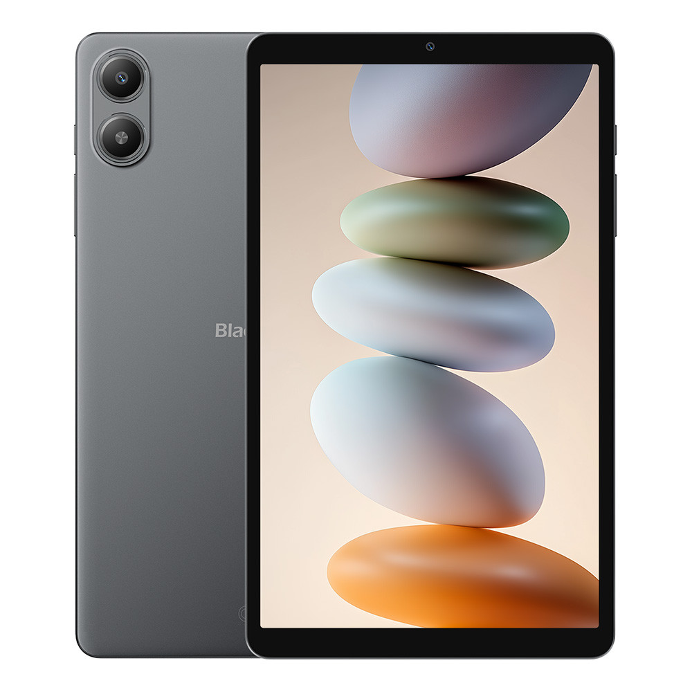 Viene mostrato un tablet grigio. Il retro ha due fotocamere. Lo schermo mostra forme ovali impilate.
