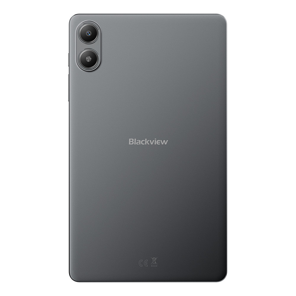 Retro di un tablet grigio Blackview con due obiettivi e marchio CE.