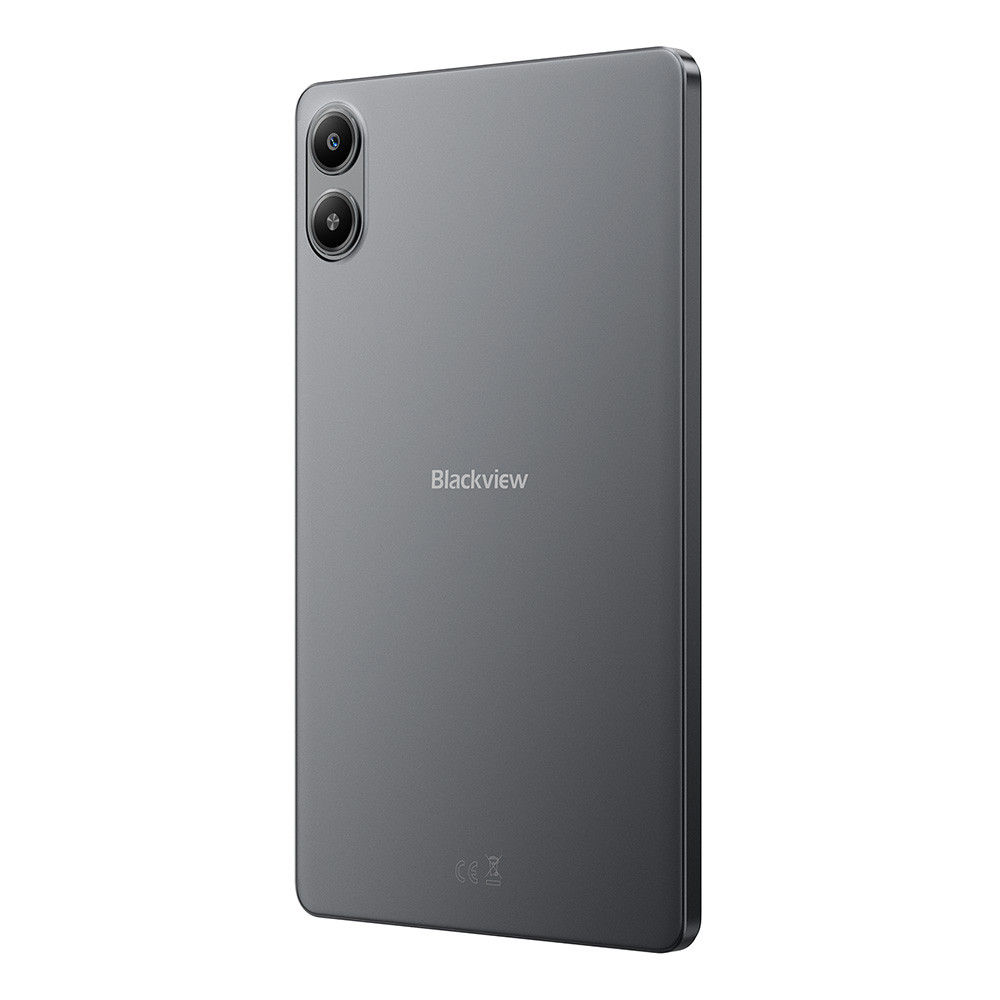 Retro di un tablet grigio Blackview con due fotocamere e marchio CE.