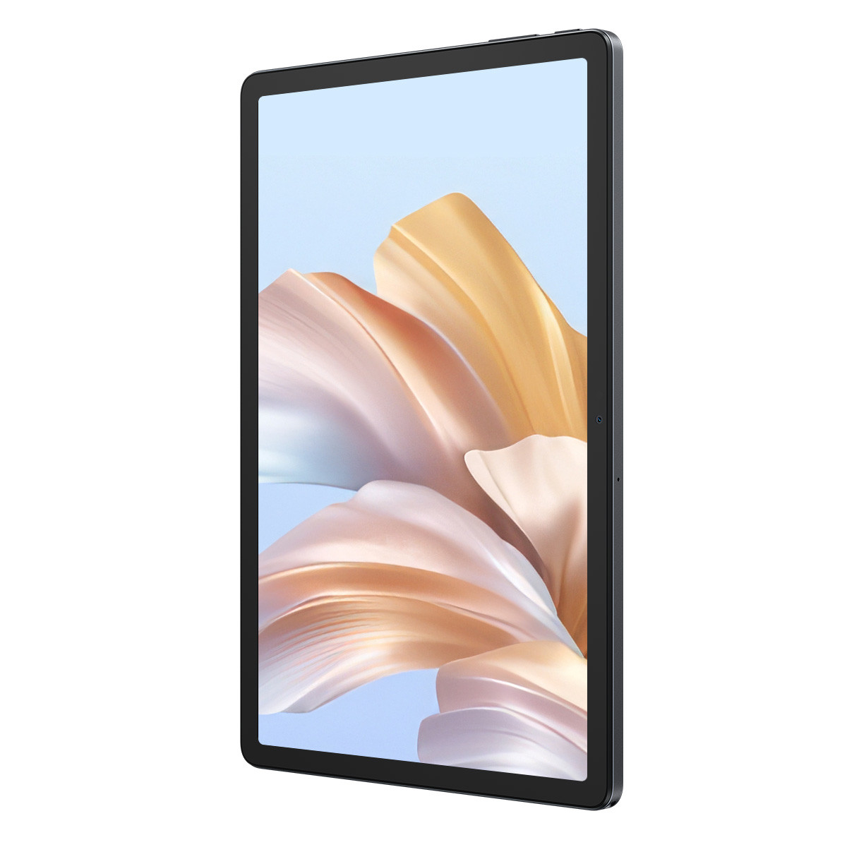 Un tablet scuro con uno sfondo astratto e colorato sullo schermo.