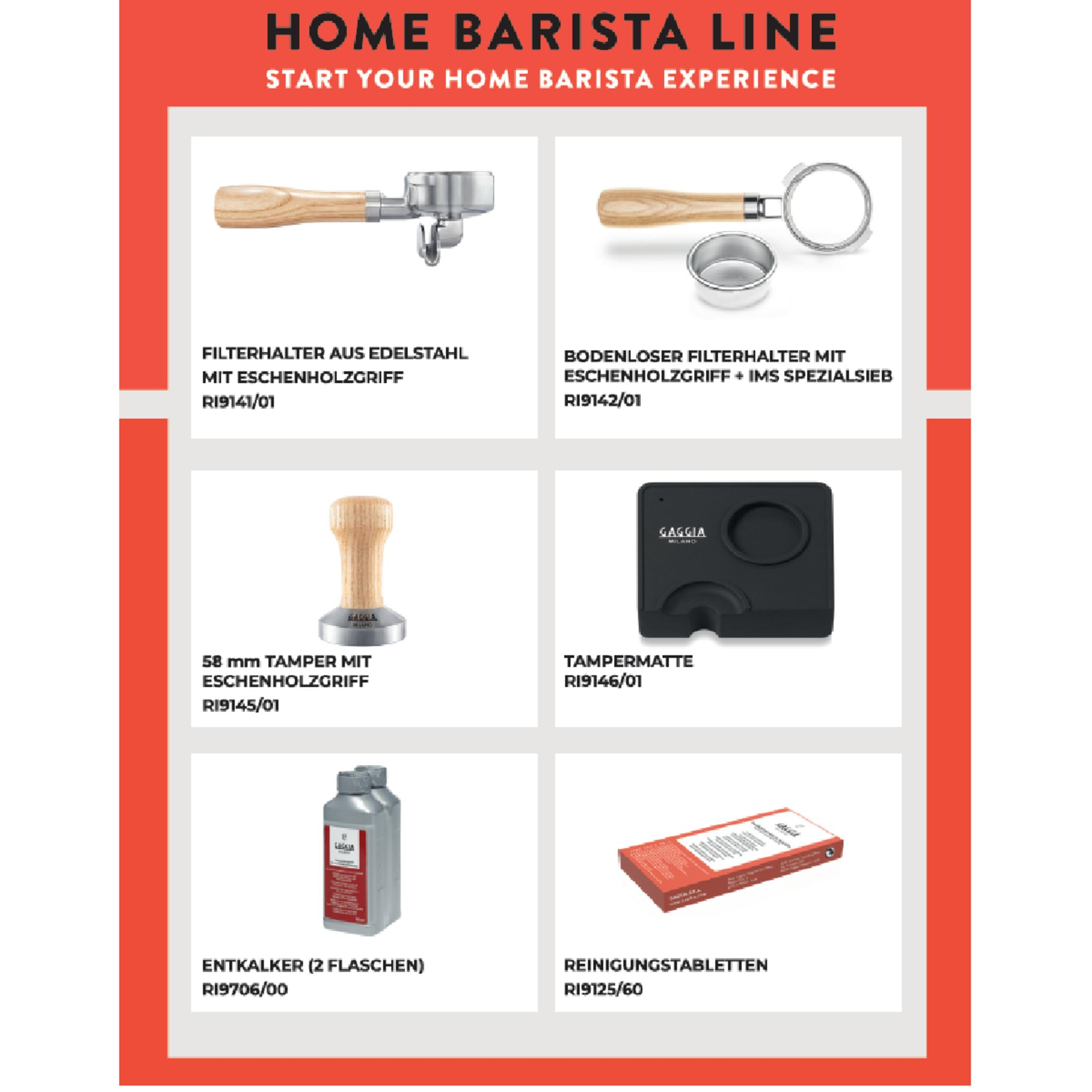 Koffiezetapparaat accessoires: filterdrager, tamper, ontkalker en tabletten.