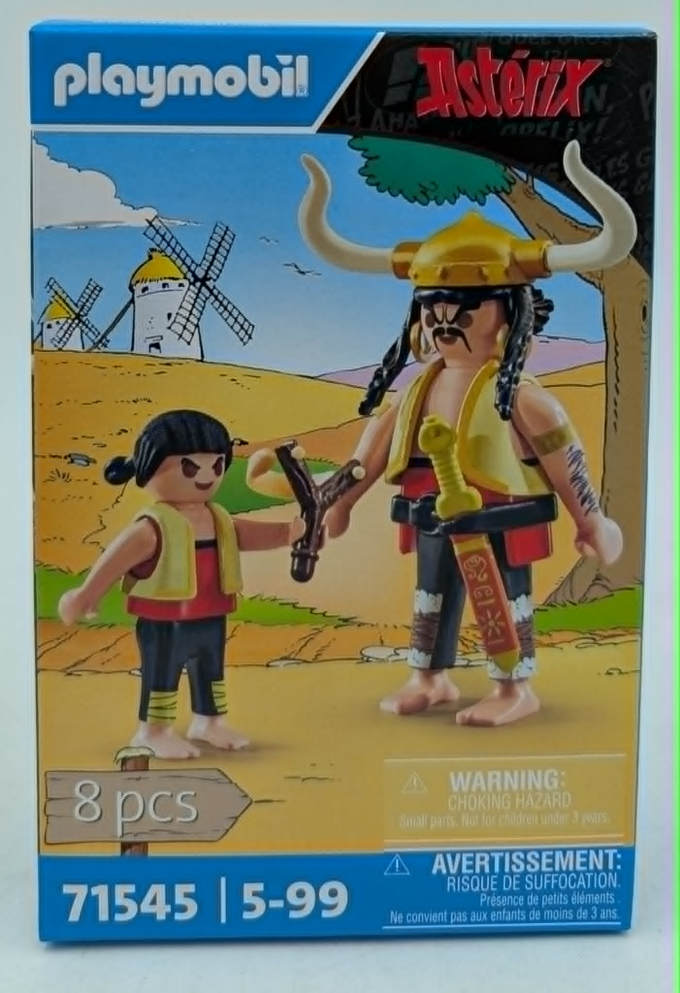 Figurki Playmobil Asterix z proca i mieczem przed wiatrakami.