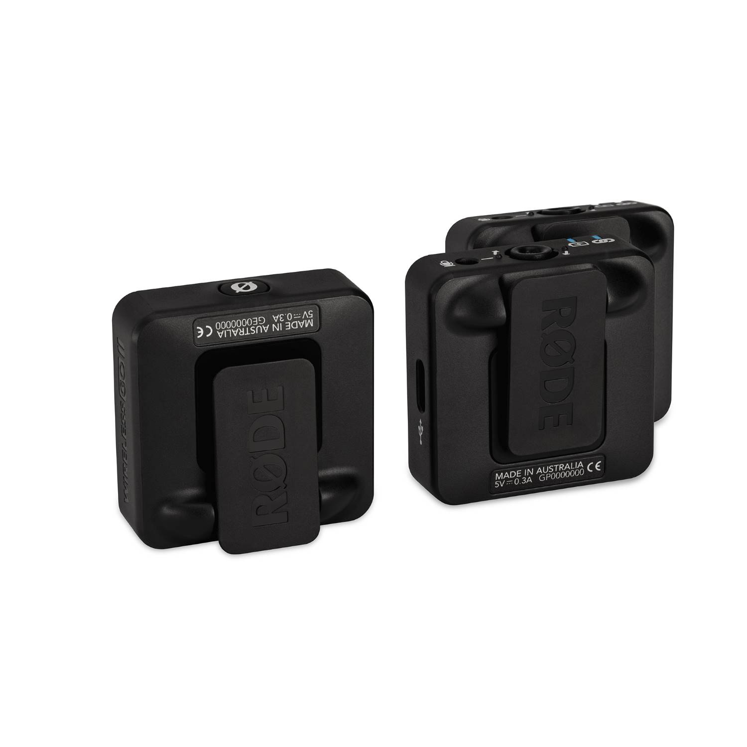 Due trasmettitori RODE Wireless GO II neri su sfondo bianco.