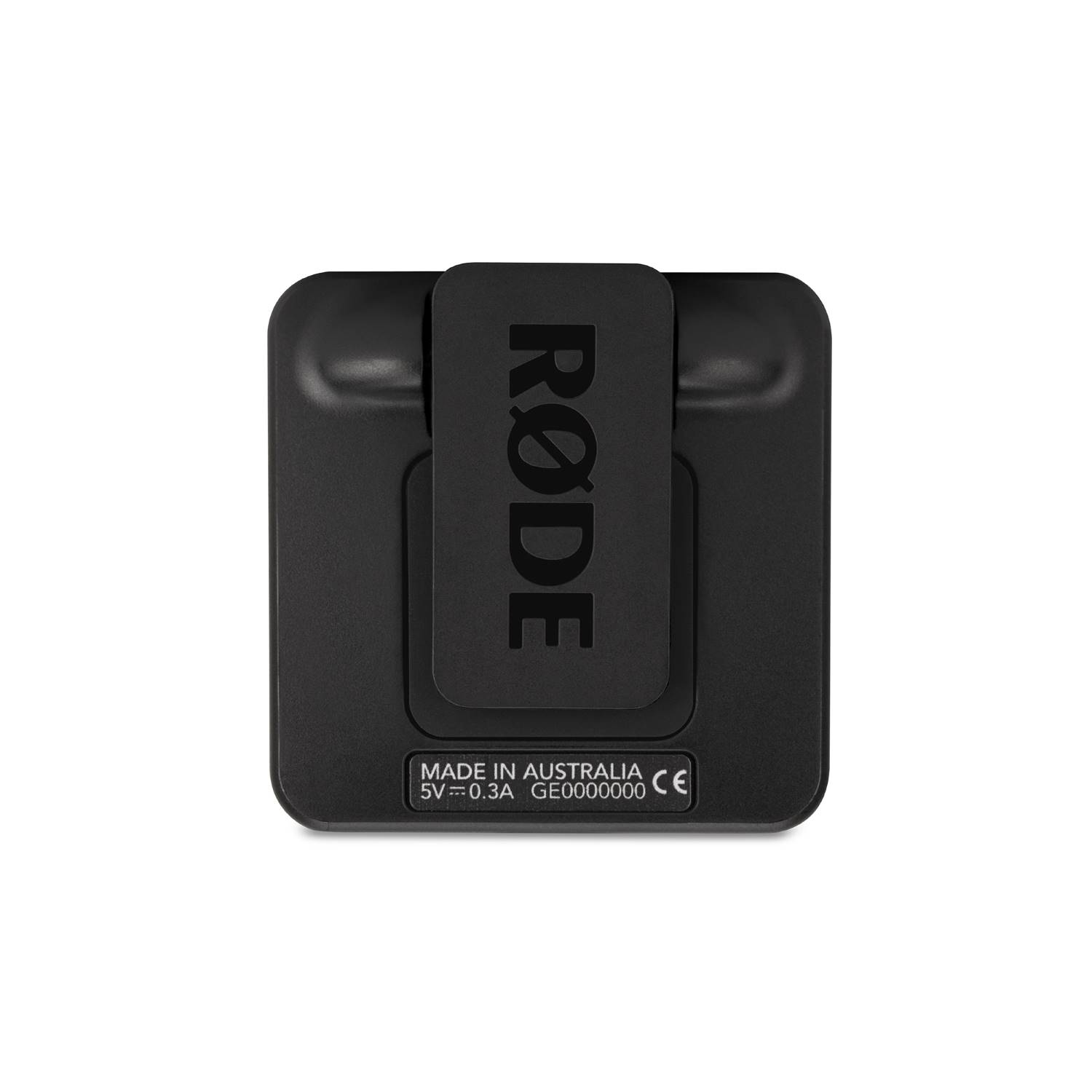 Microfono RODE nero con clip ed etichetta: Made in Australia, 5V/0.3A.