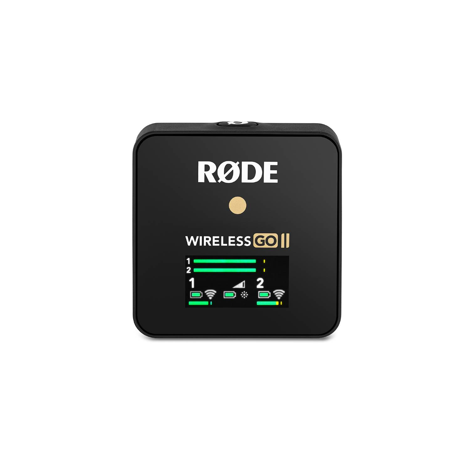 Ricevitore RØDE Wireless GO II nero con piccolo schermo che mostra lo stato della batteria.