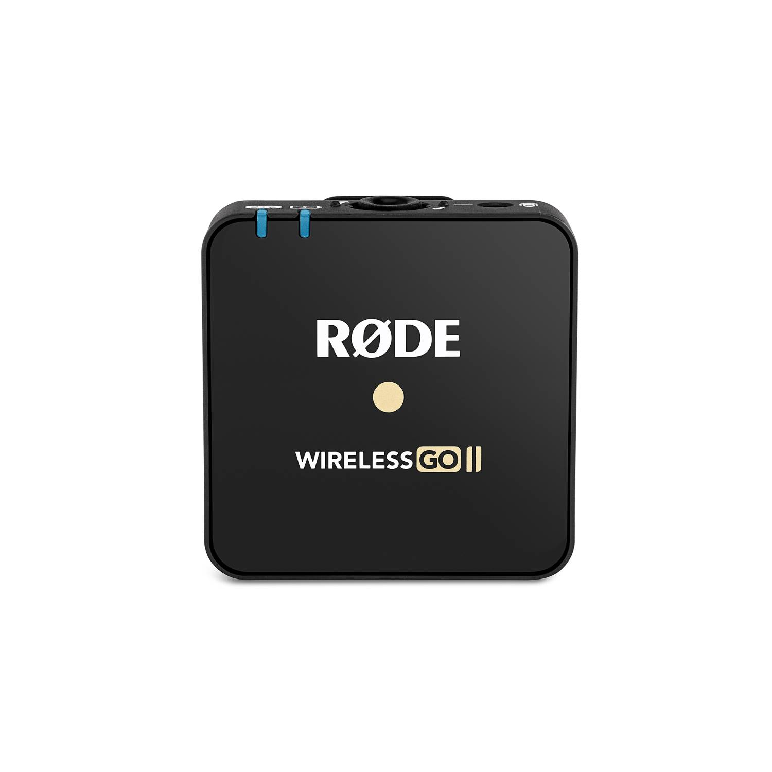 Trasmettitore microfono RODE Wireless GO II nero con indicatori blu.