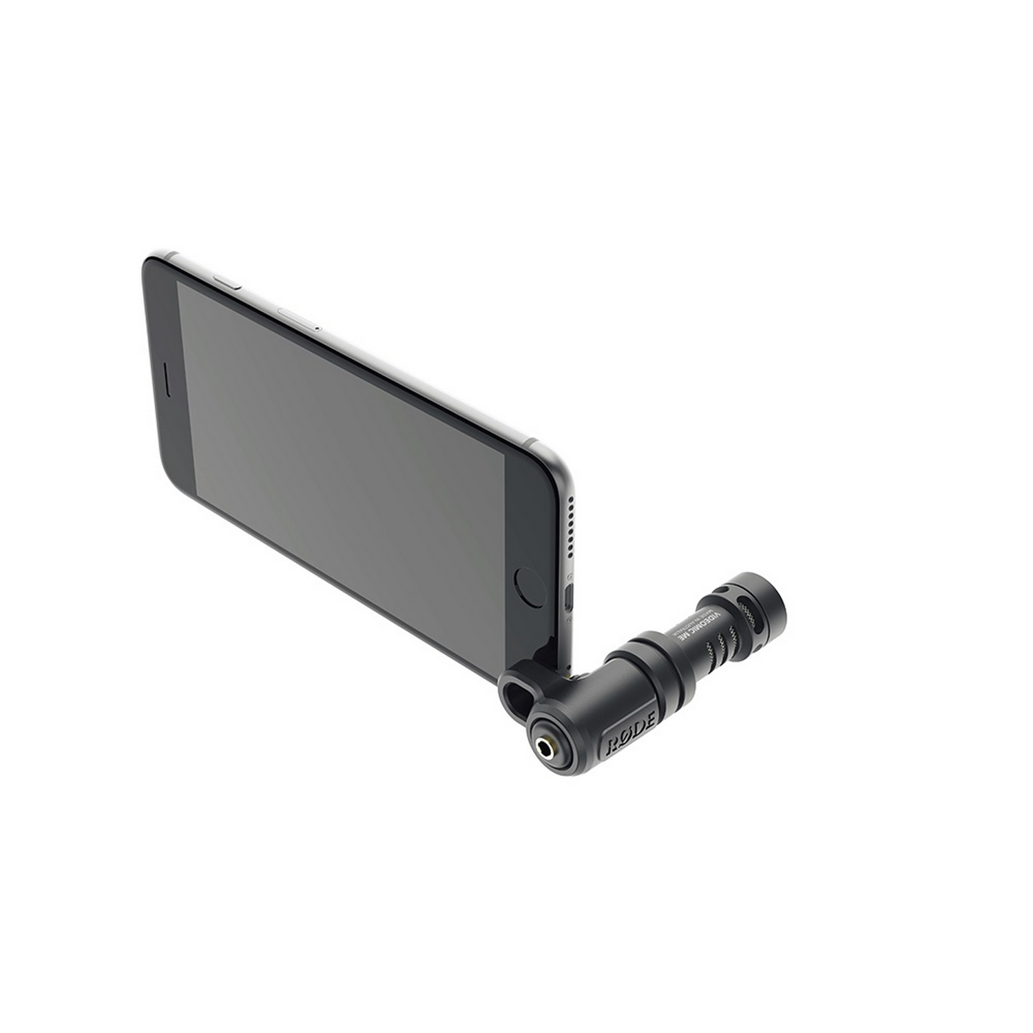 Ein schwarzes Smartphone mit einem RODE-Mikrofon, das an der Unterseite befestigt ist.