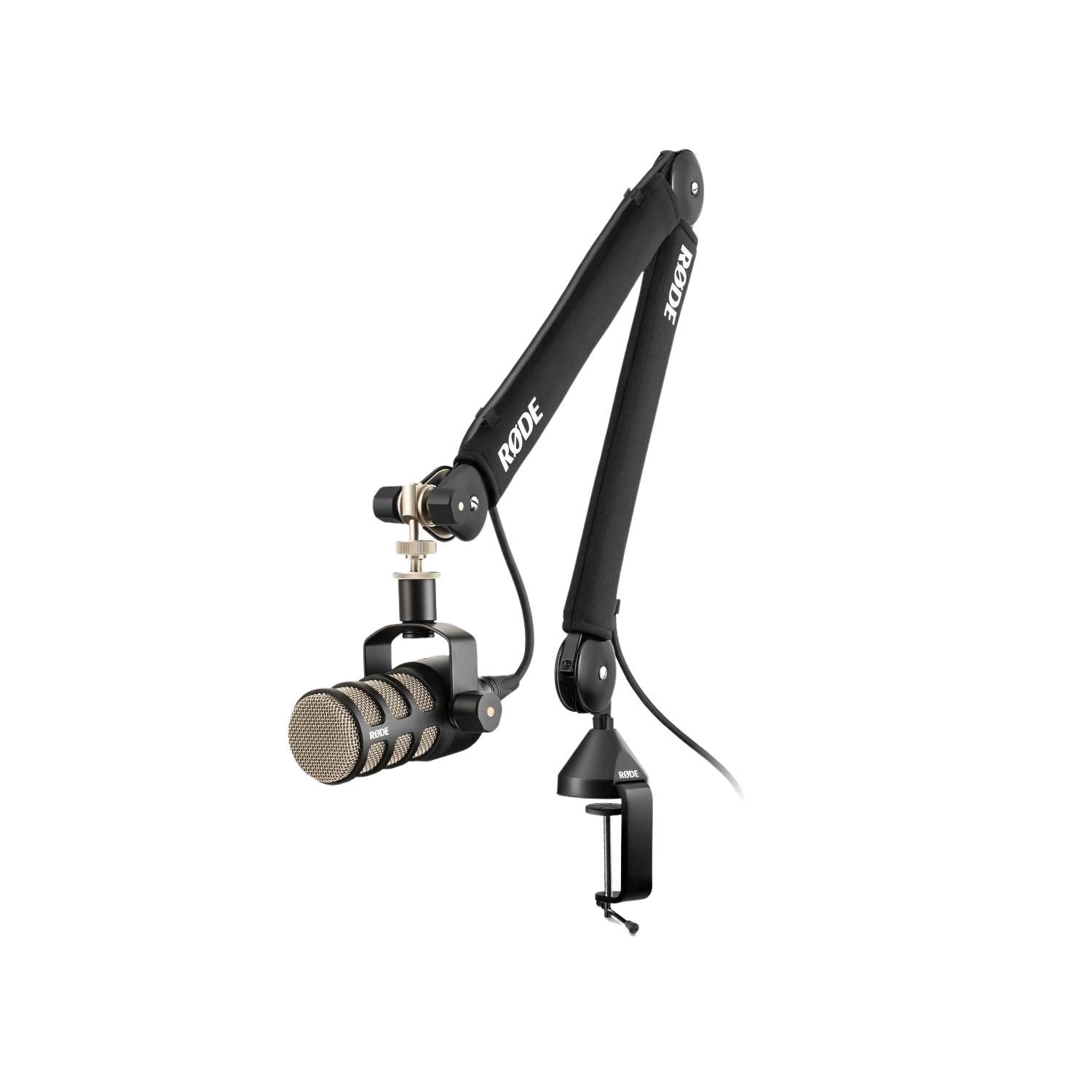 Czarny mikrofon RØDE z ramieniem i zaciskiem na czarnym tle.