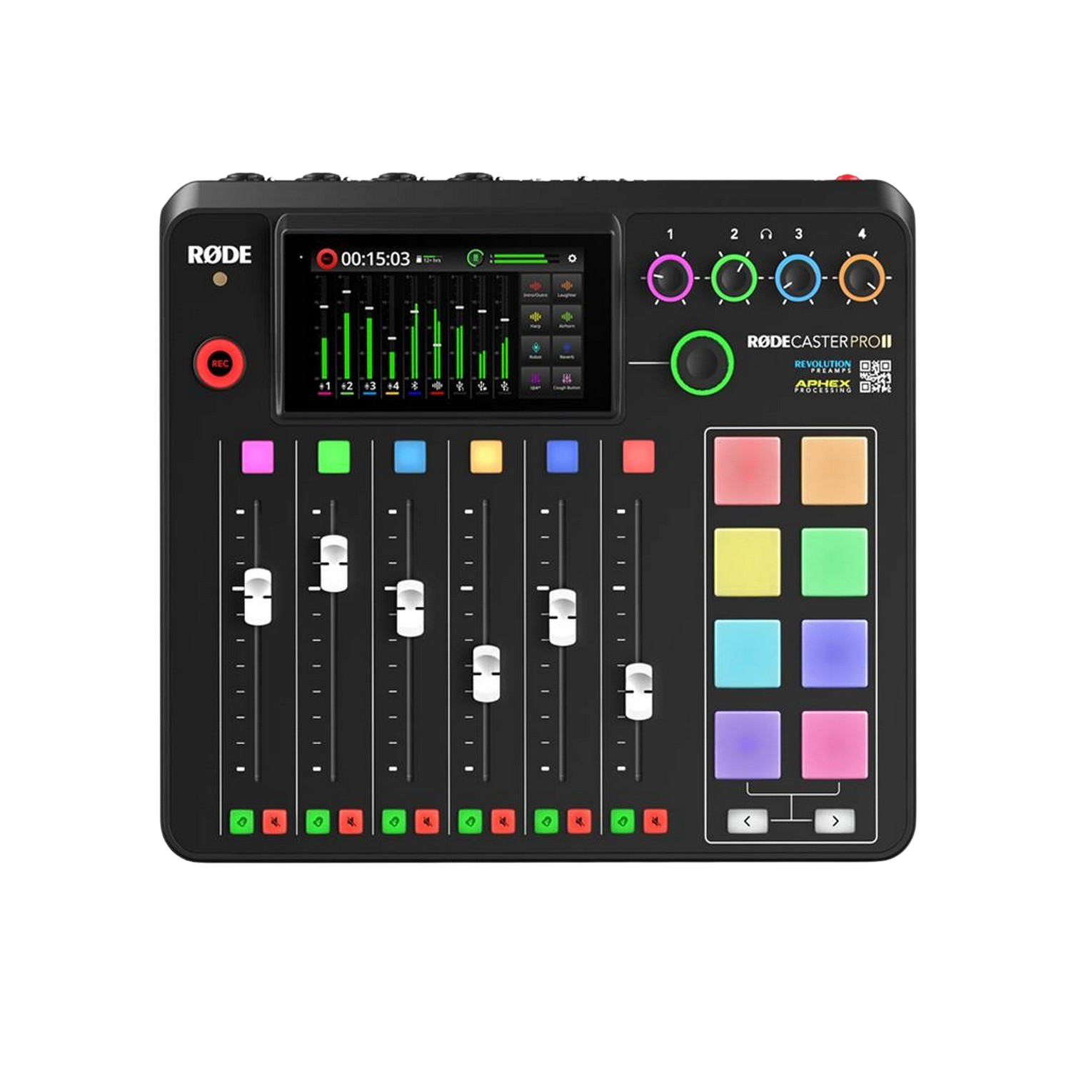 Rodecaster Pro II audiomixer met schuifregelaars, gekleurde pads en scherm.