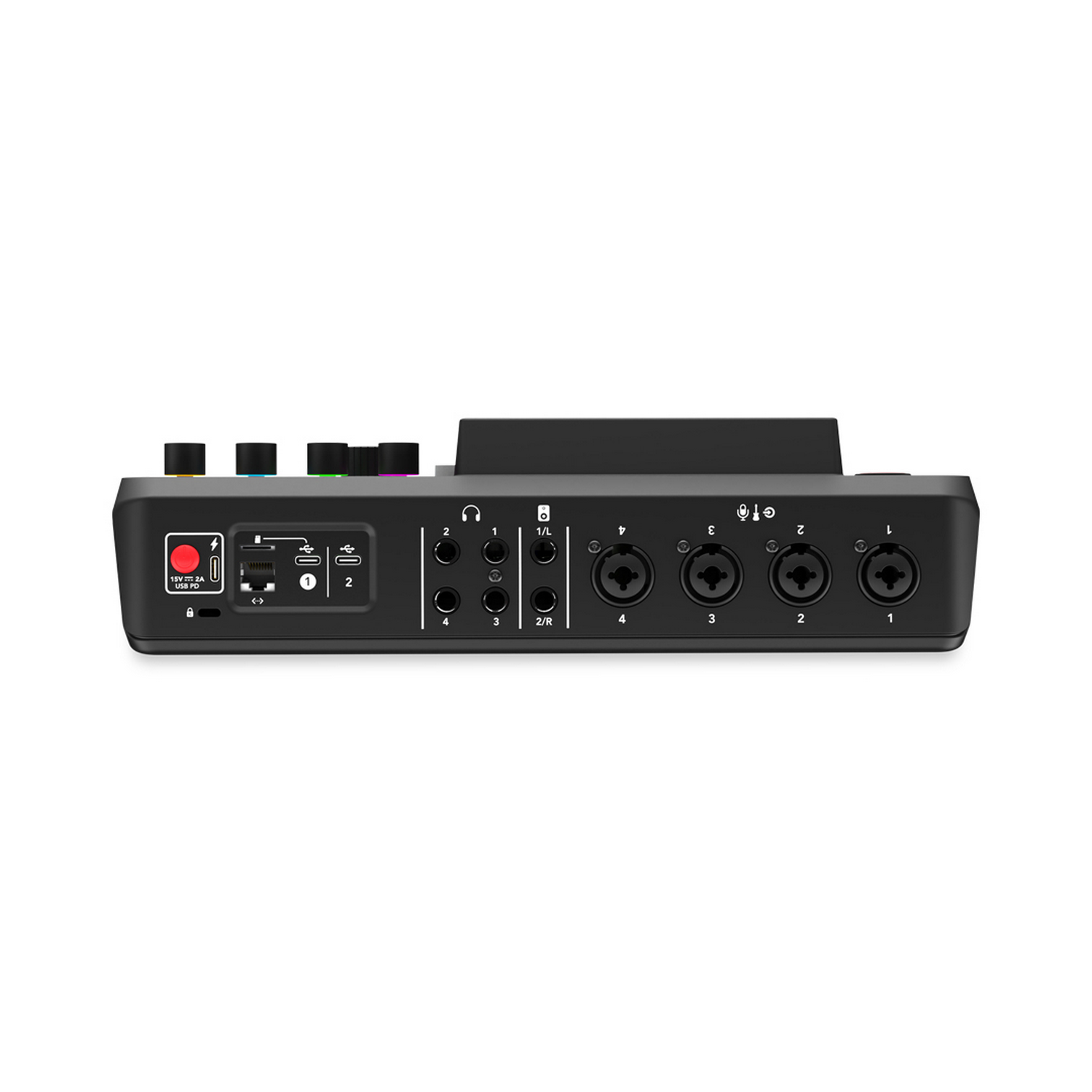 Zwart audioapparaat met knoppen, USB-poorten en XLR/jack-ingangen.